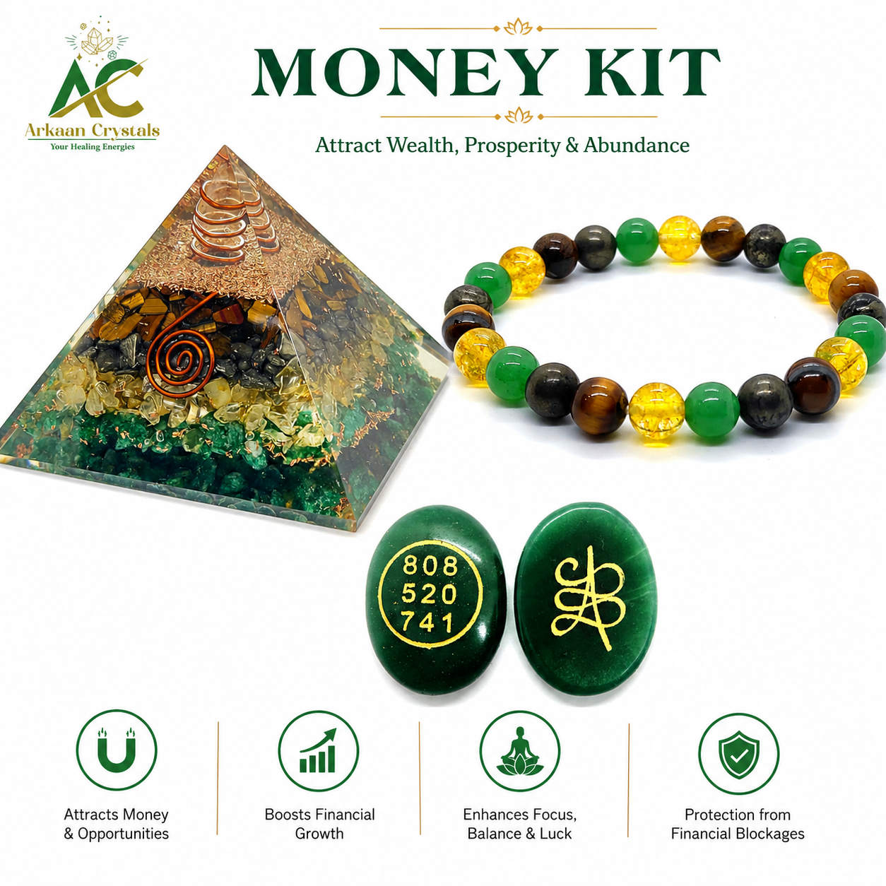 Dhan Akarshan Wealth Kit — Green Jade Zibu Coins + Money Magnet Pyramid + Money Magnet Bracelet